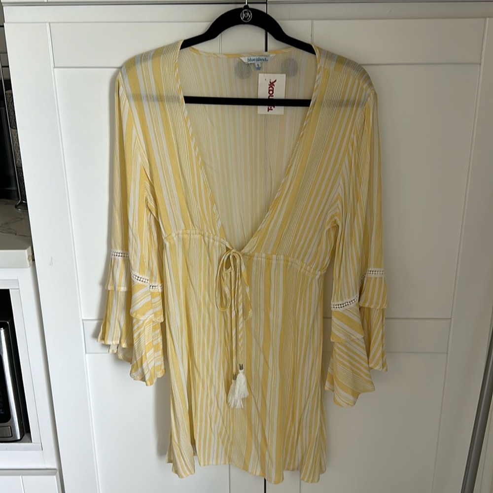 Blue Island Cover Up Dress Boho Tassels Bell Sleeves Crochet Size Small NEW NWT